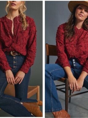 Anthropologie Pilcro Red Whitney Textured Trapeze Western Lagenlook Blouse Sz-L